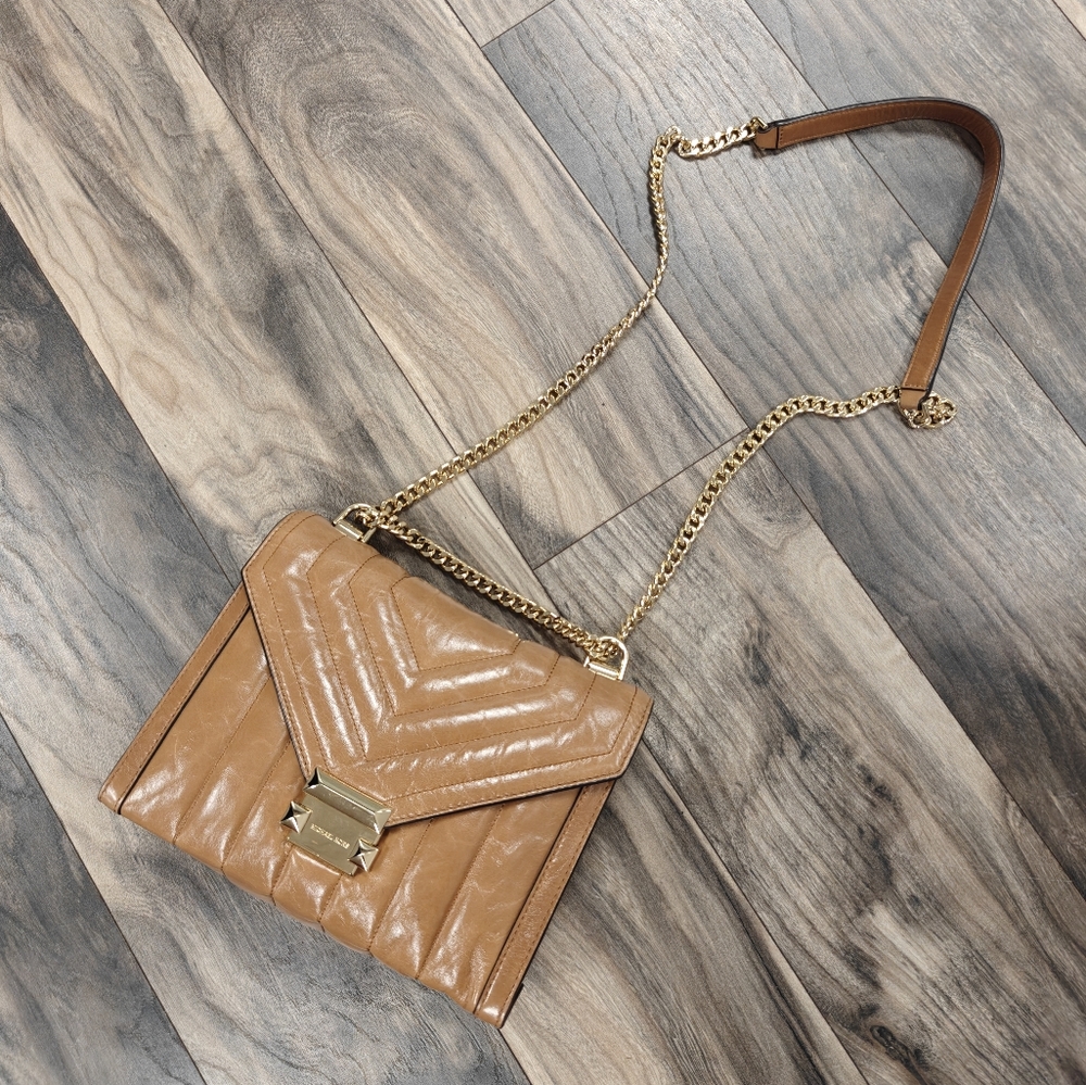 Michael Kors Tan Quilted Leather Crossbody Bag with Gold Chain